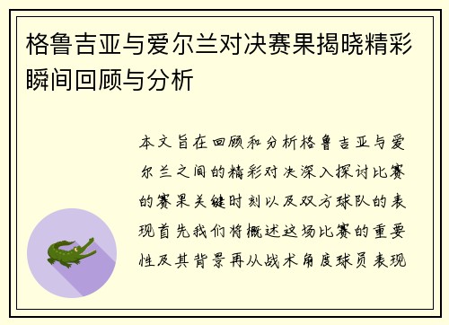 格鲁吉亚与爱尔兰对决赛果揭晓精彩瞬间回顾与分析